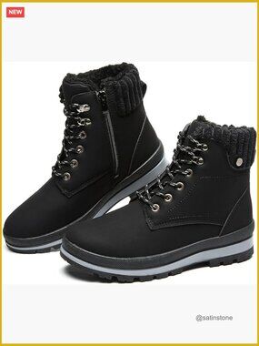 Waterproof Faux Leather Combat Boots with Side Zipper, Fur Lined Winter Snow